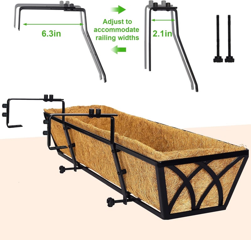 HFHOME 24 inch Window Deck Rail Planter Including Coco Liner, 24" Dia Window Box Horse Trough with Coconut Coir Liners, Black Metal Hanging Flower Planter Basket for Indoor Outdoor Lawn - Set of 2 - Image 4